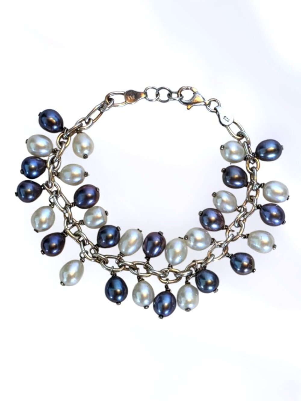 Vintage Italian 925 Sterling Silver Two-Strand Genuine Pearl Statement Bracelet